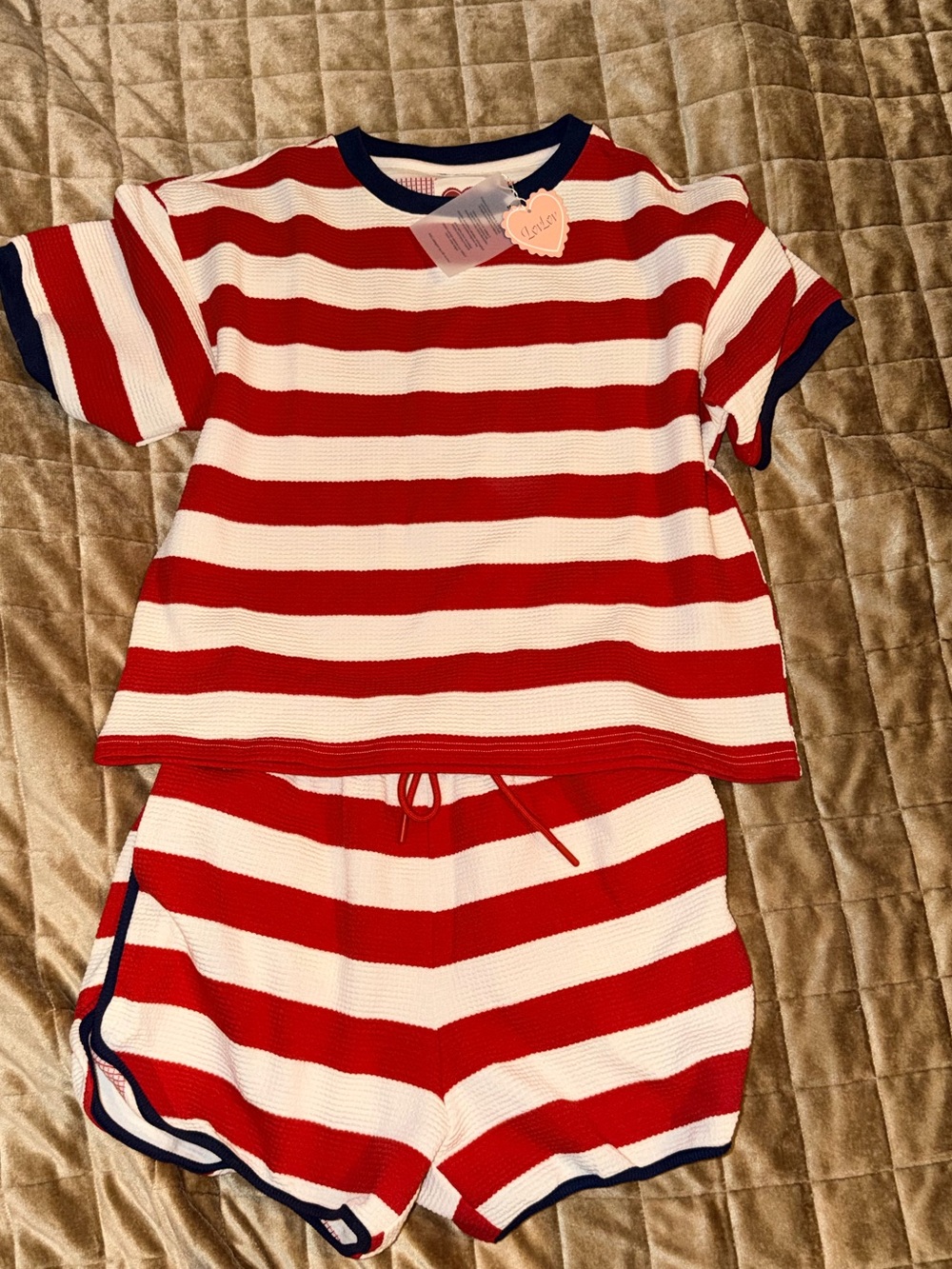 Women’s Red & White Striped Short Pajama Set with Navy Trim